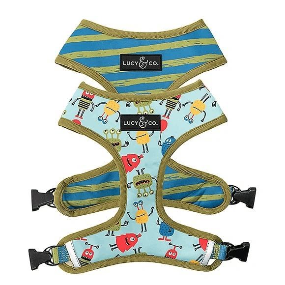 Lucy & Co Monster Alien Green Striped Reversible Neoprene Comfort Dog Harness XL - Picture 1 of 4